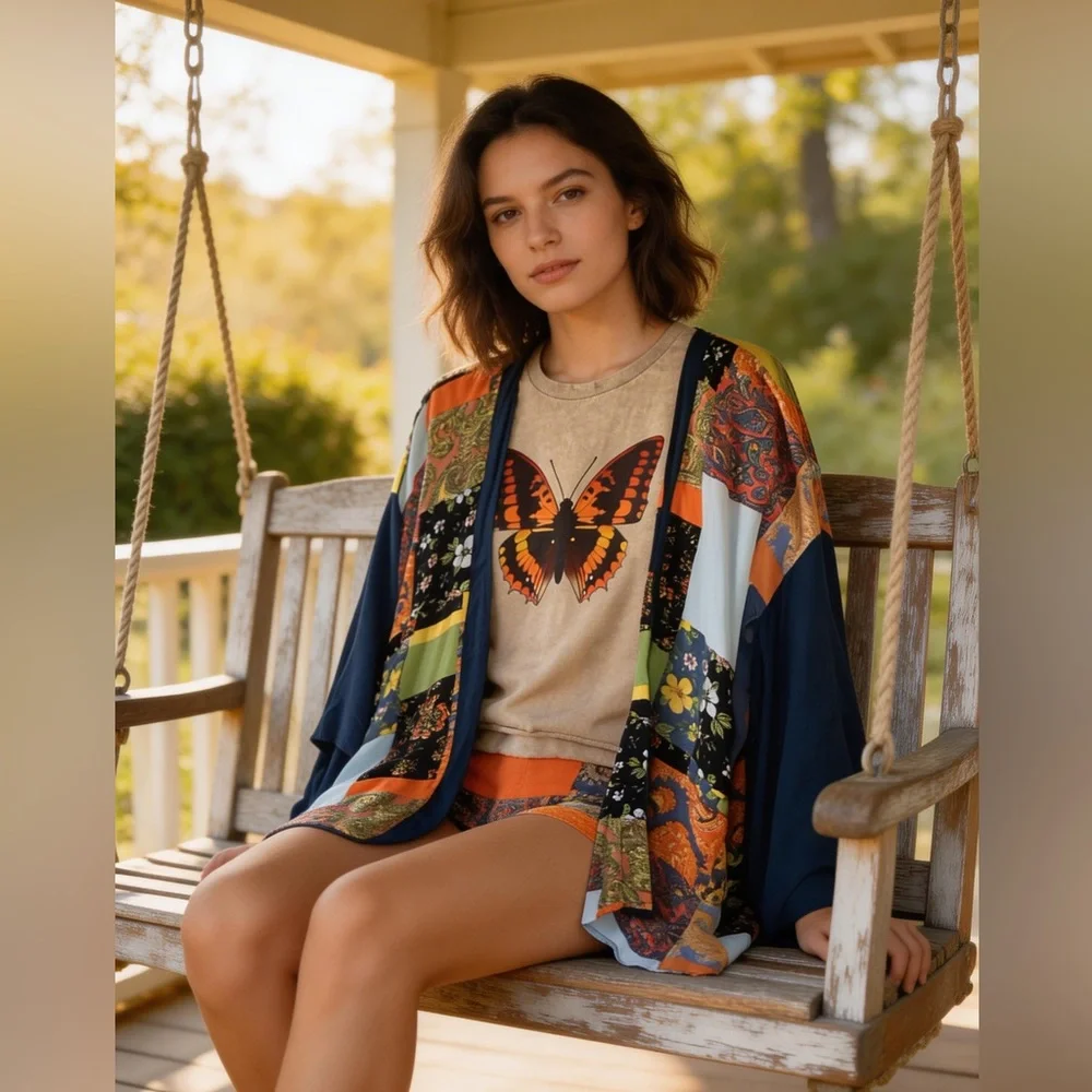 Patchwork Kimono & Butterfly Tee Set, Women’s, Large, Boho bundle - Picture 2 of 9